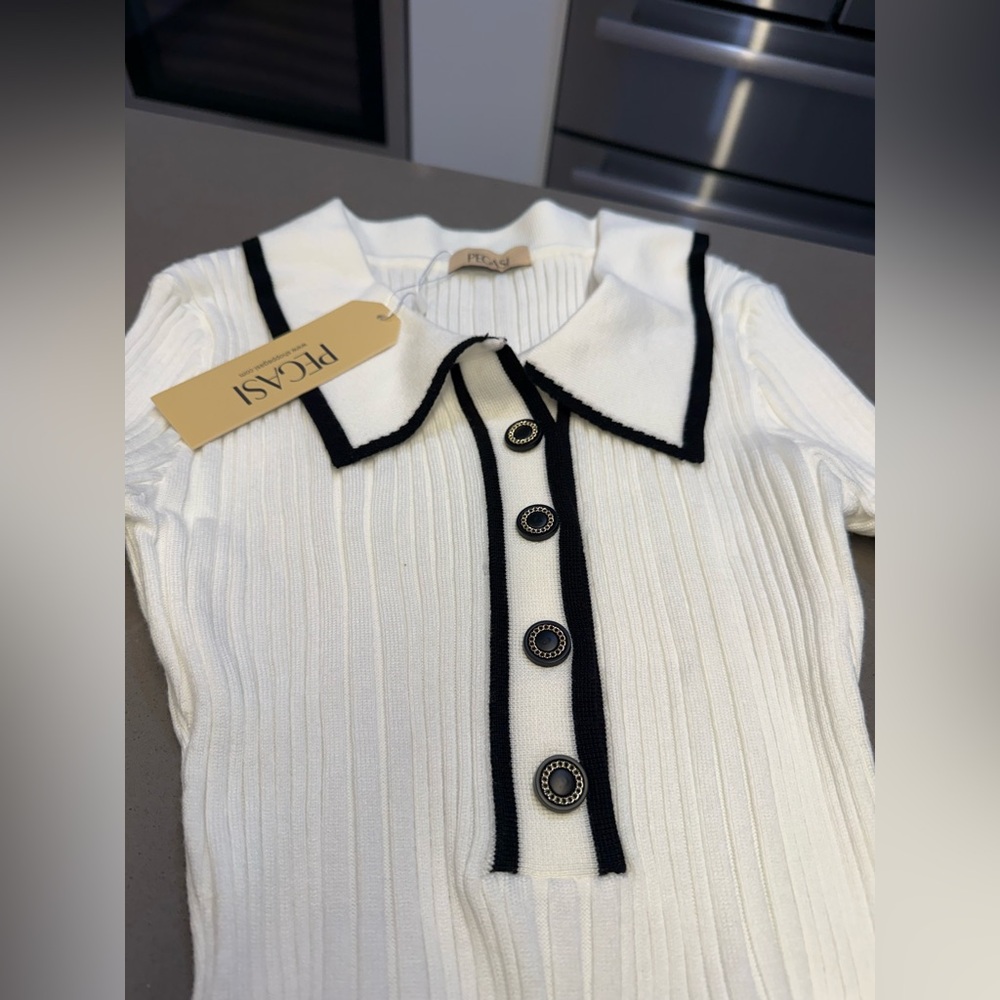 Women’s White Ribbed Knit Midi Dress with Contrast Trim - Picture 6 of 14